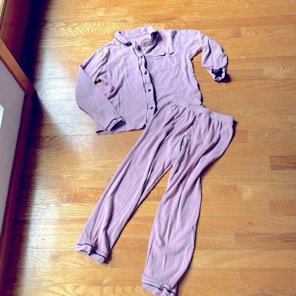 Girls Cotton Long Sleeve Button Front PJ Set with Pants in Gray Purple Size11-12
